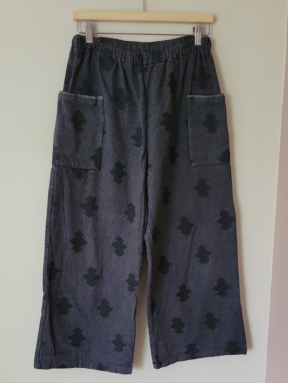 Sou Sou Japan Grey Black Printed Women's Monpe Wide Leg Crop Utility Pants Sz M